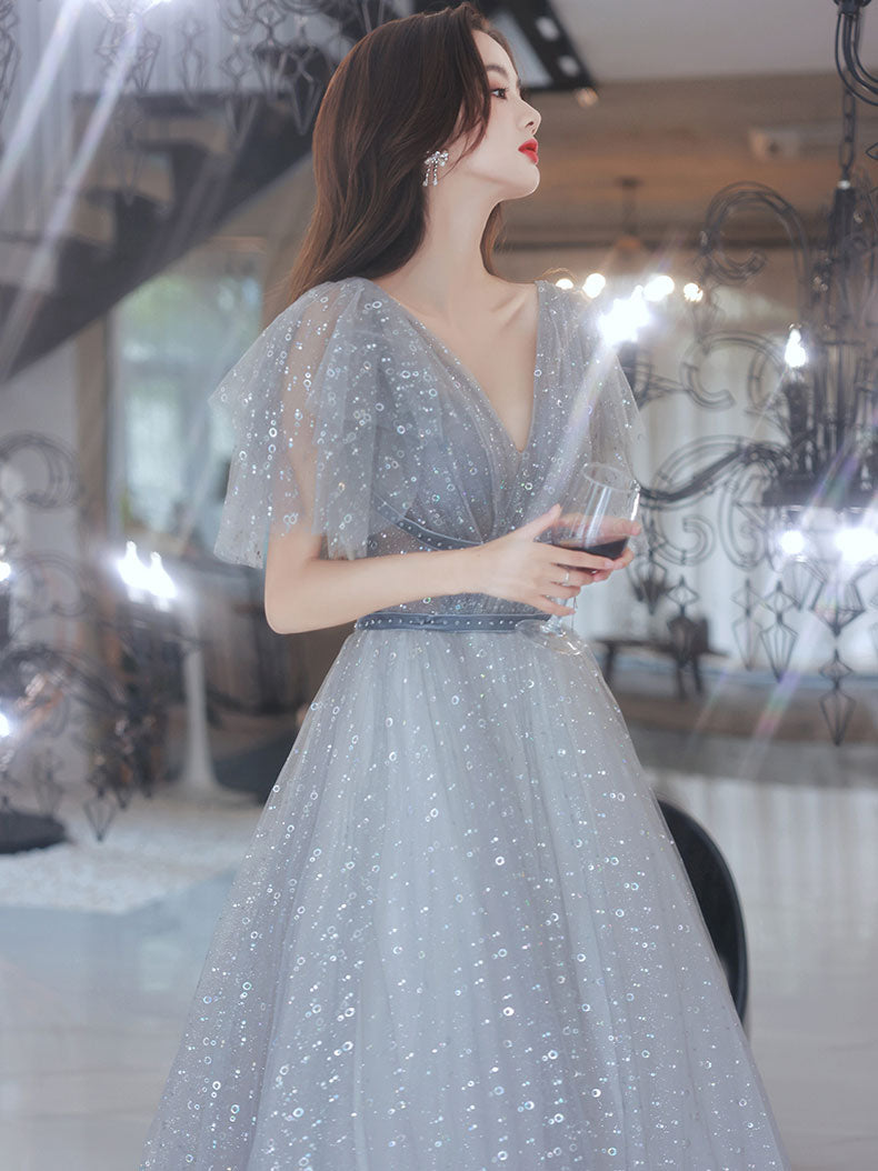 Gray V Neck Tulle Long Prom Dress, Gray A line Evening Dress