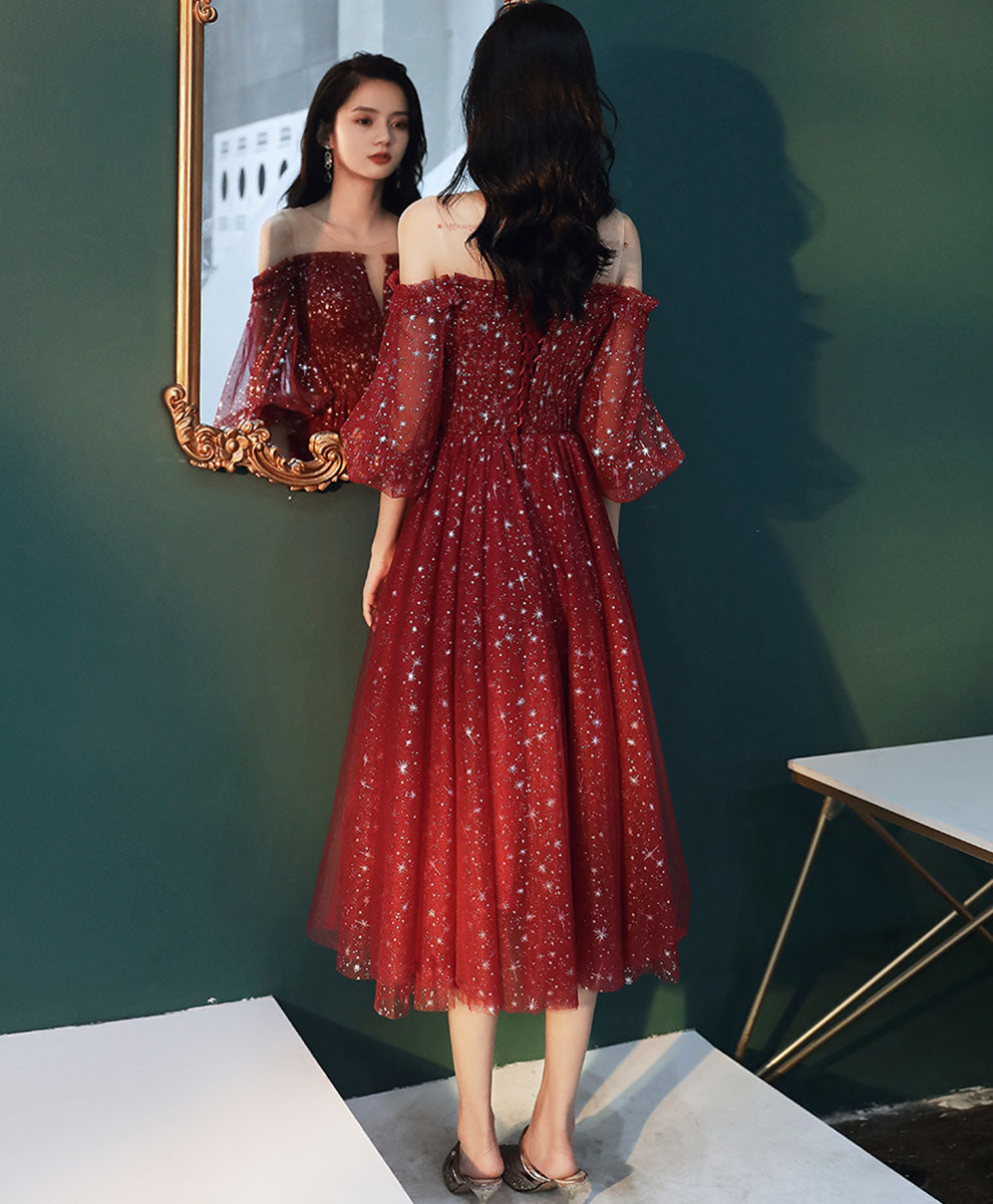 Burgundy Round Neck Tulle Sequin Short Prom Dress, Burgundy Homecoming Dress