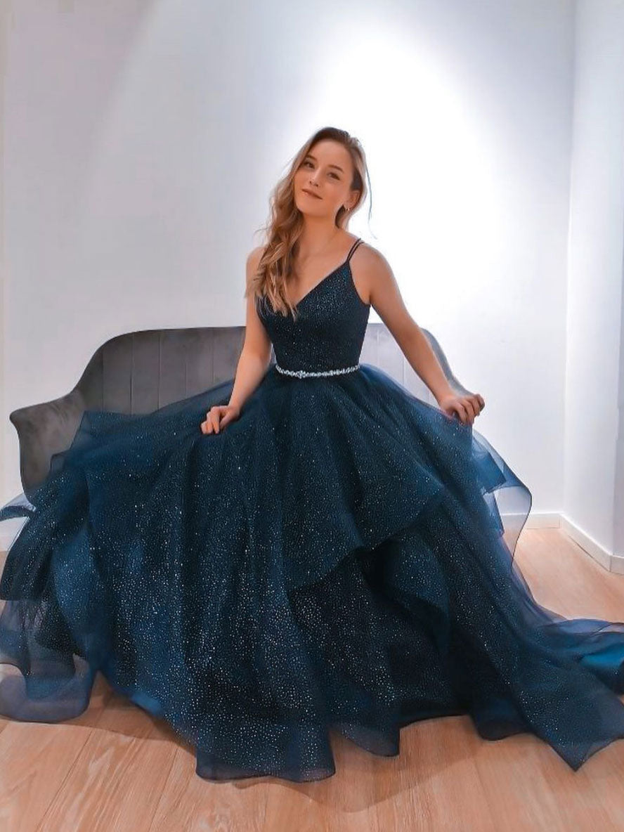 Blue V Neck Tulle Sequin Long Prom Dress Blue Formal Dress