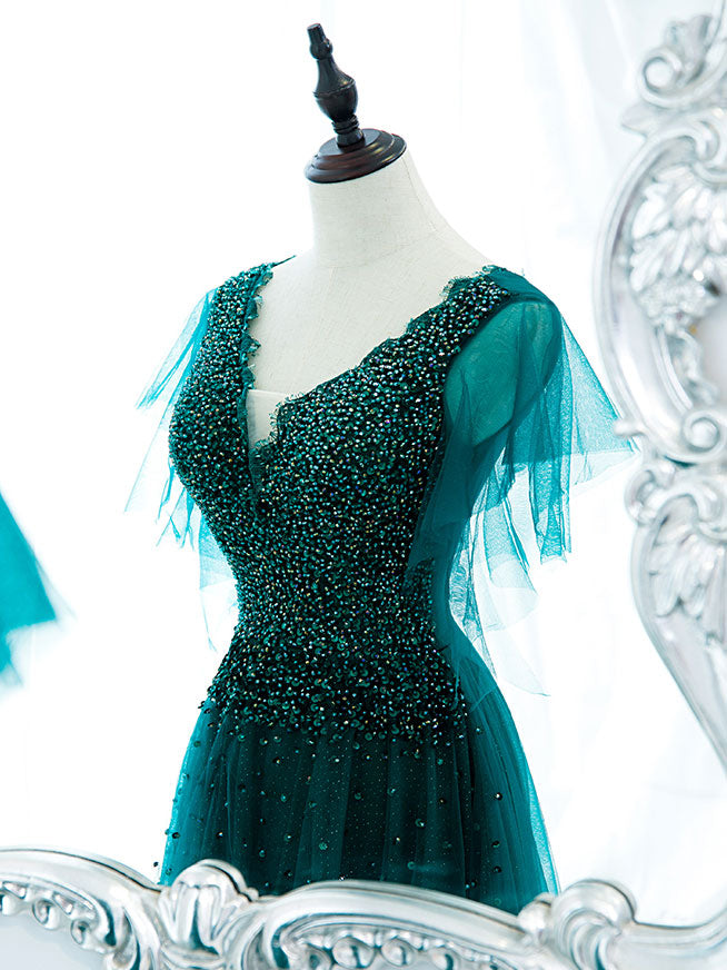 Green V Neck Sequin Beads Long Prom Dress, Green Formal Bridesmaid Dresses Custom Size / Green Green V Neck Sequin Beads Long Prom Dress, Green Formal Bridesmaid Dresses Custom Size / Green