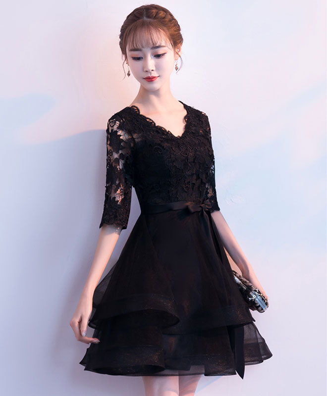 Black V Neck Lace Tulle Short Prom Dress, Black Homecoming Dress US 8 / Black