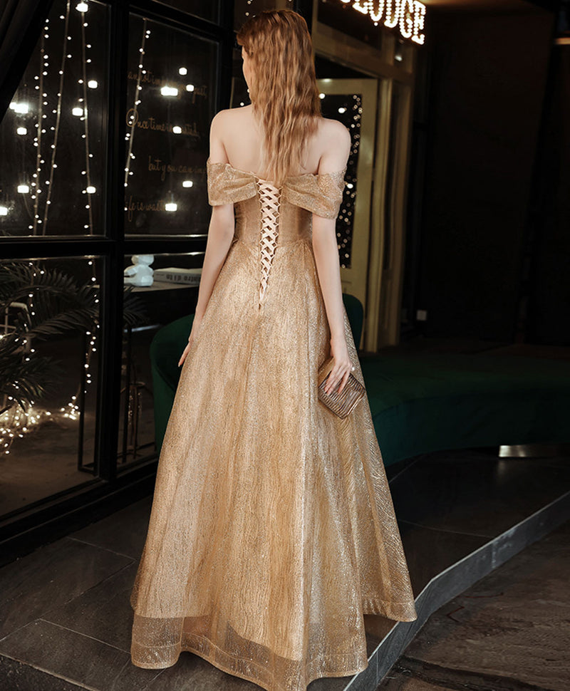 Gold Tulle Sequin Off Shoulder Long Prom Dress, Gold Formal