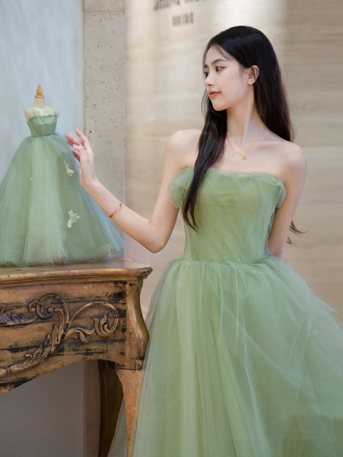 Green A line Tulle Long Prom Dress Green, Tulle Formal Evening Graduation Dresses