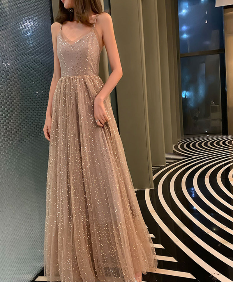 Simple Champagne V Neck Tulle Sequin Long Prom Dress Formal Dress shopluu Simple Champagne V Neck Tulle Sequin Long Prom Dress Formal Dress shopluu