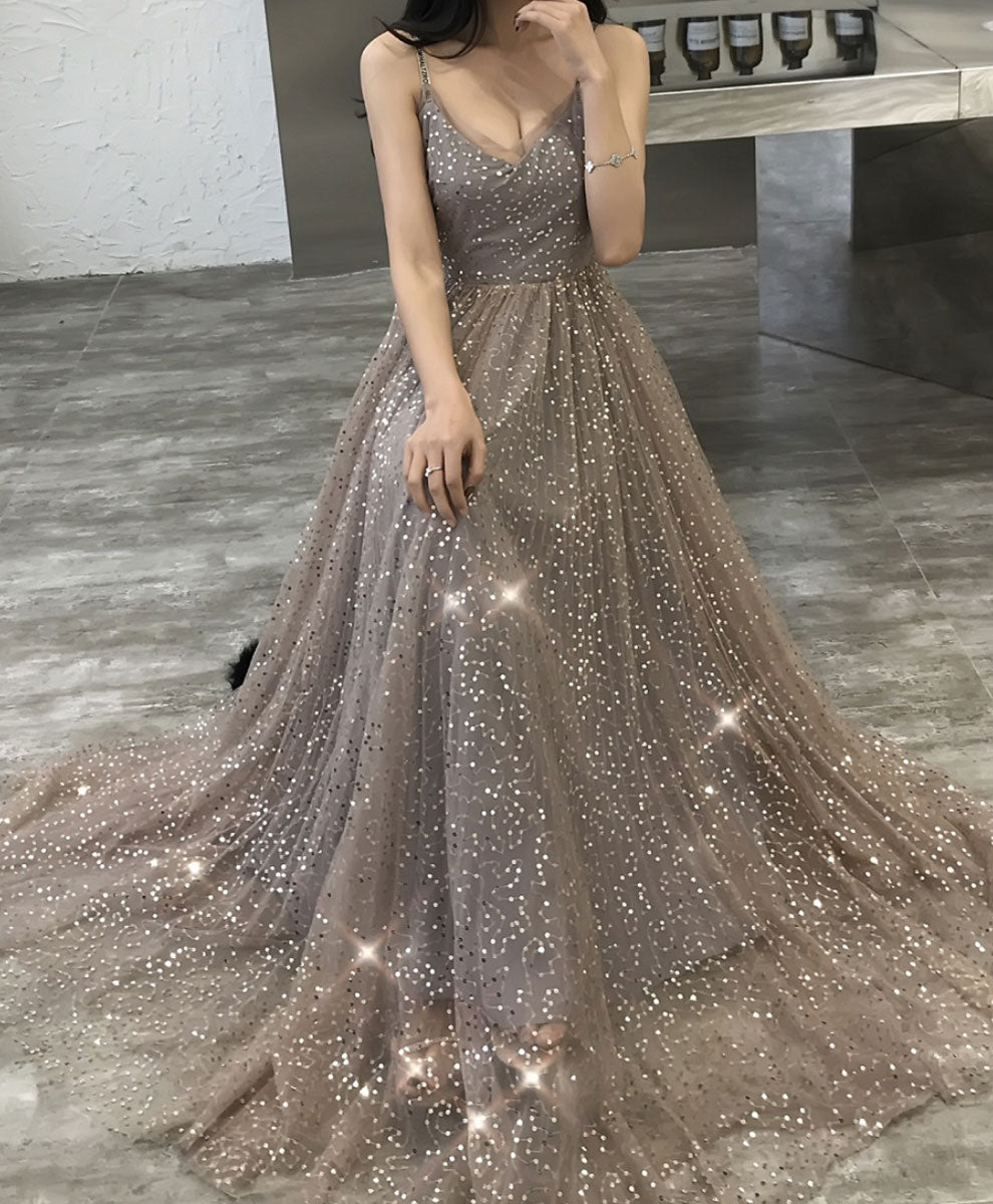 Simple Champagne V Neck Tulle Sequin Long Prom Dress Formal Dress