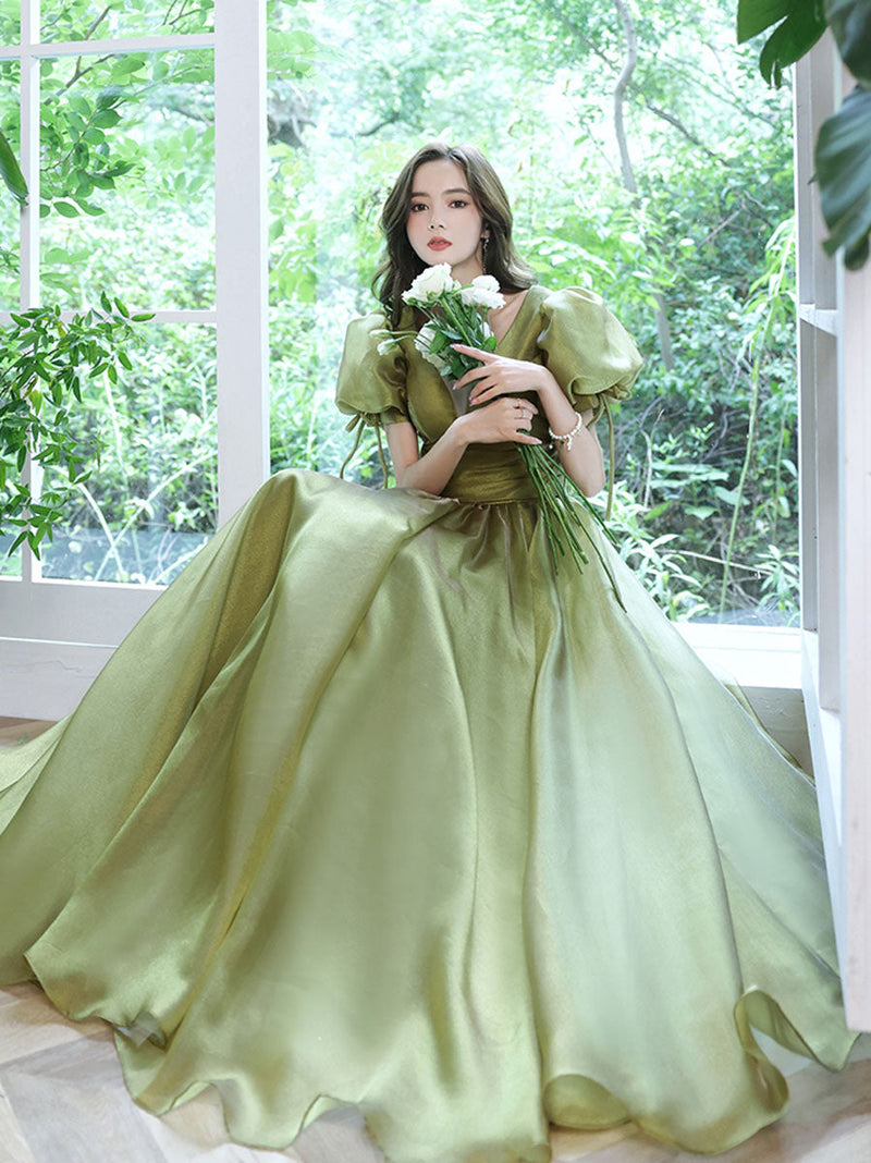 Simple Green V Neck Tulle Long Prom Dress, Green Evening Dresses shopluu Simple Green V Neck Tulle Long Prom Dress, Green Evening Dresses shopluu