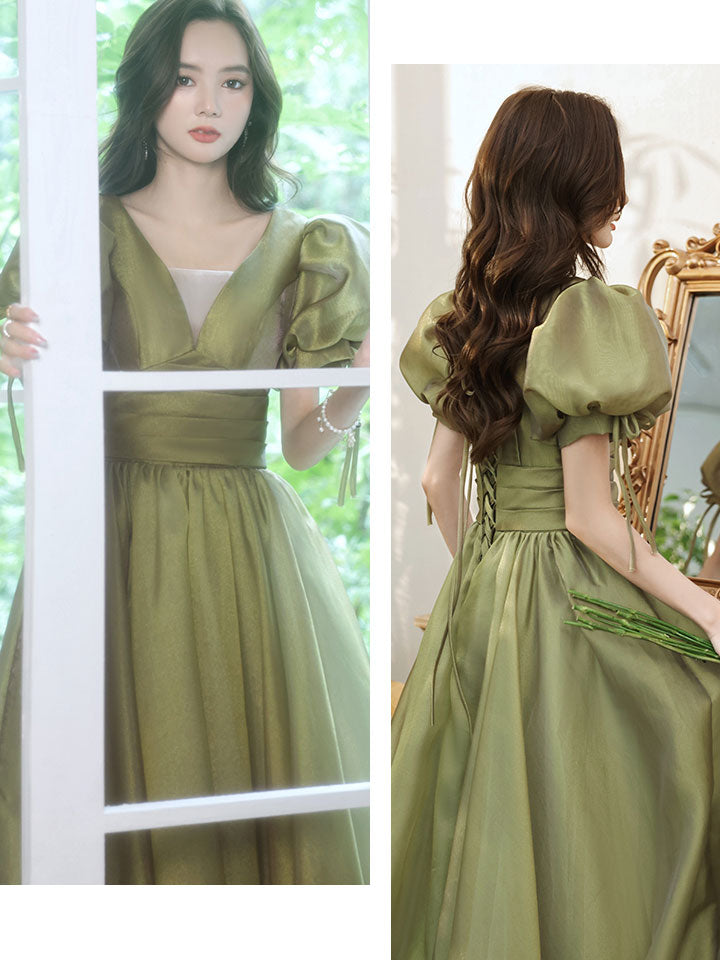 Simple Green V Neck Tulle Long Prom Dress, Green Evening Dresses
