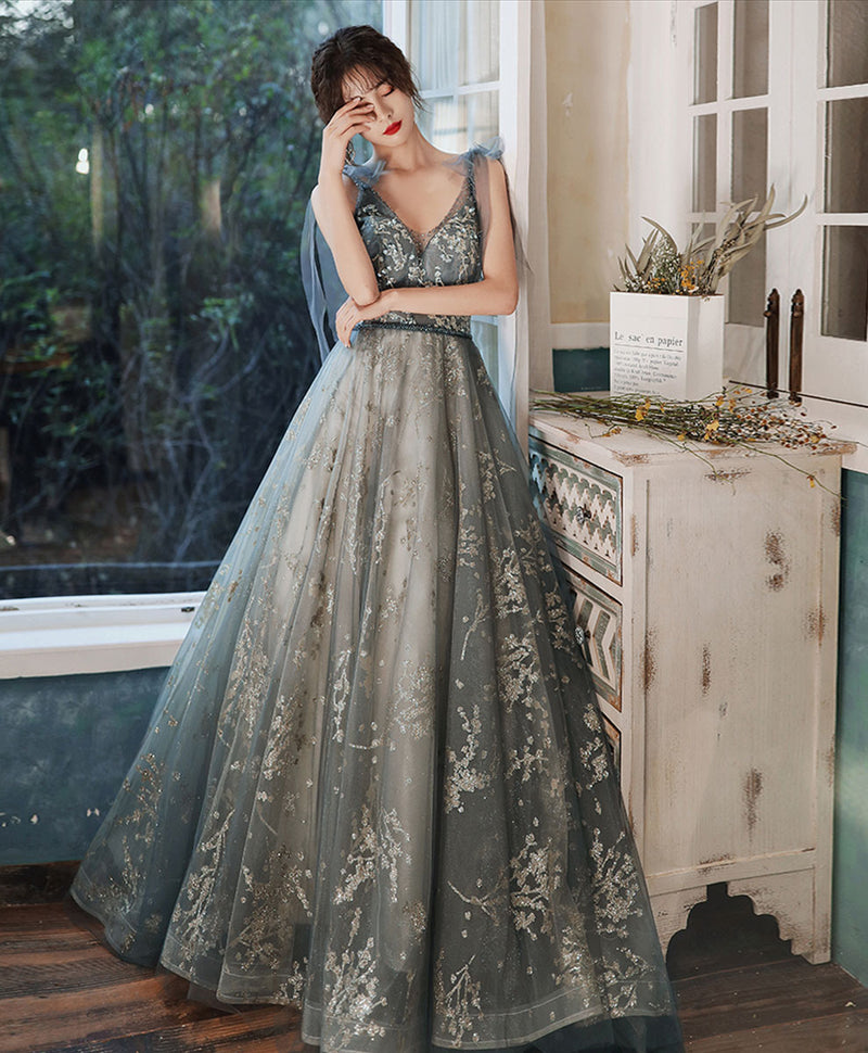 Gray Blue Tulle Sequin Long Prom Dress Tulle Formal Dress – shopluu