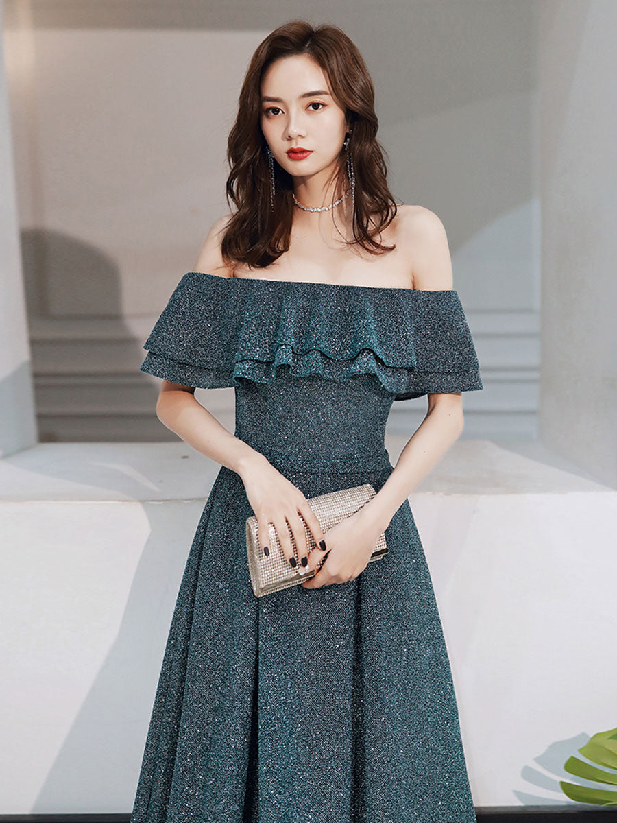 Simple Green Off Shoulder Long Prom Dress, Green Formal Graduation Dresses