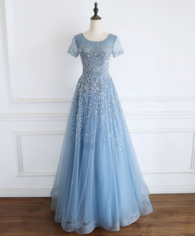Blue Round Neck Tulle Sequin Beads Long Prom Dress Blue Tulle Formal Dress US 10 / Custom Color Blue Round Neck Tulle Sequin Beads Long Prom Dress Blue Tulle Formal Dress US 10 / Custom Color