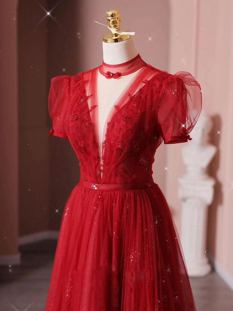 Burgundy Tulle Sequin Long Prom Dress, Burgundy Tulle Formal Dresses