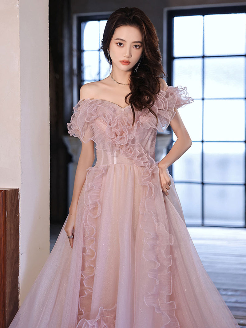 Pink Tulle Off Shoulder Long Prom Dress, Pink Formal Graduation Dresses Pink Tulle Off Shoulder Long Prom Dress, Pink Formal Graduation Dresses