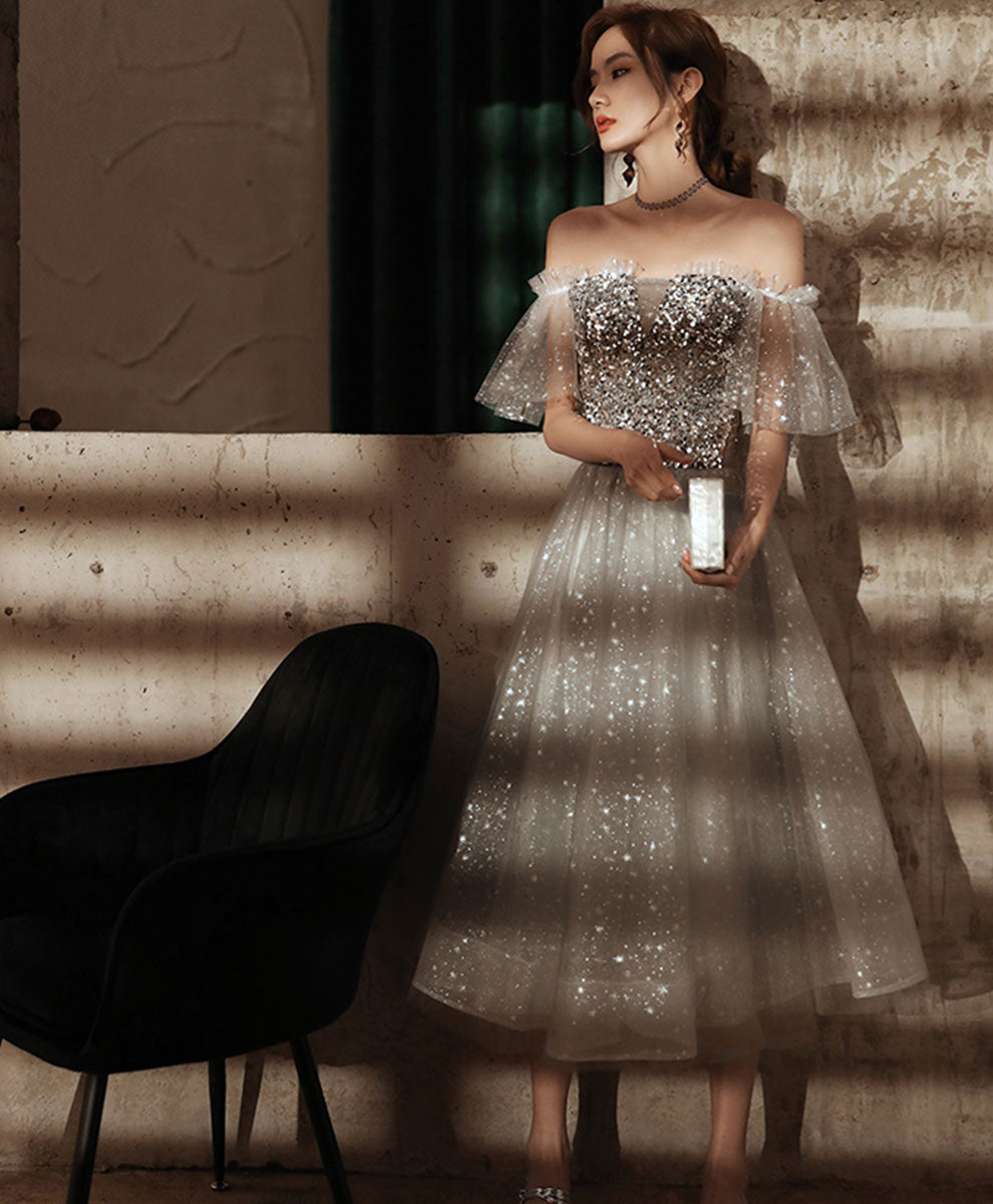 Gray Tulle Sequin Short Prom Dress Gray Homecoming Dress
