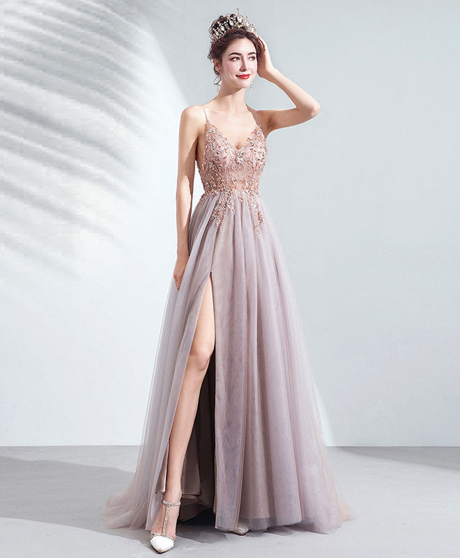 A-Line V Neck Tulle Beads Long Prom Dress Tulle Formal Dress
