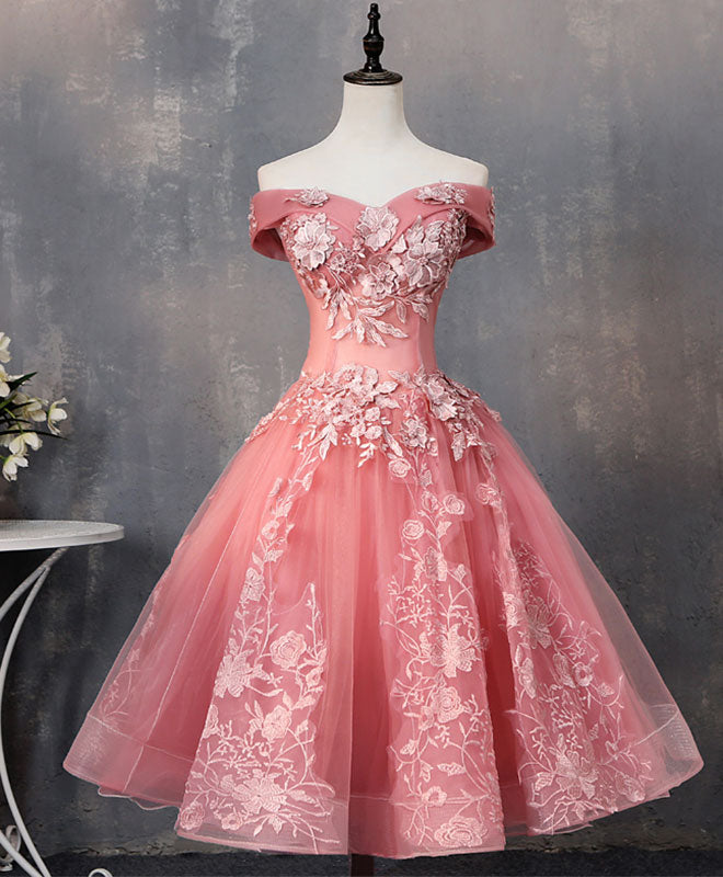 shopluu Pink Tulle Lace Off Shoulder Short Prom Dress Pink Homecoming Dress US 16 / Pink