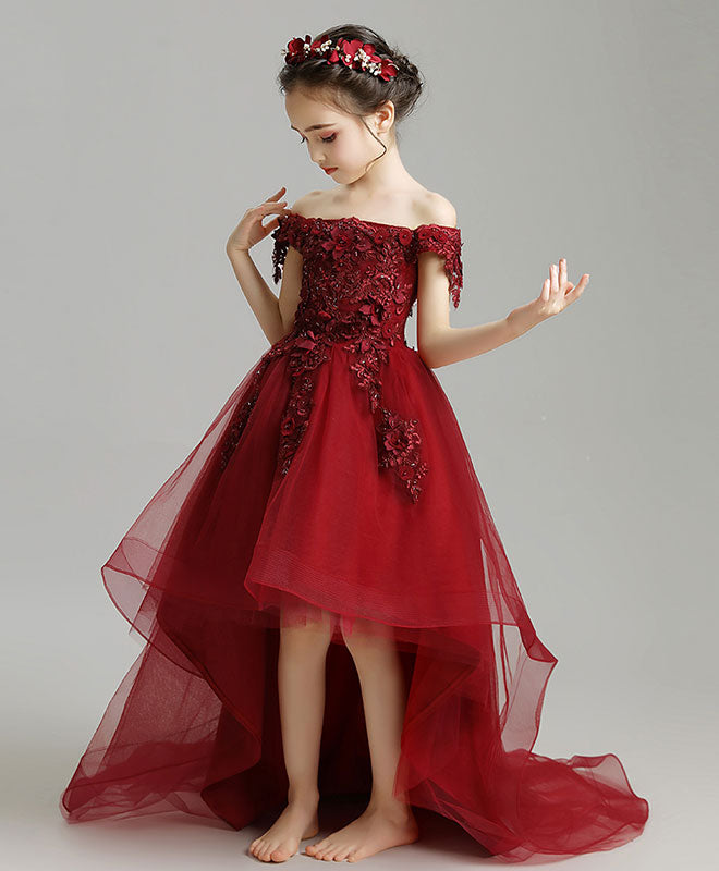 Burgundy High Low Tulle Lace Flower Girl Dress, Party Girl Dress 7 / Burgundy Burgundy High Low Tulle Lace Flower Girl Dress, Party Girl Dress 7 / Burgundy