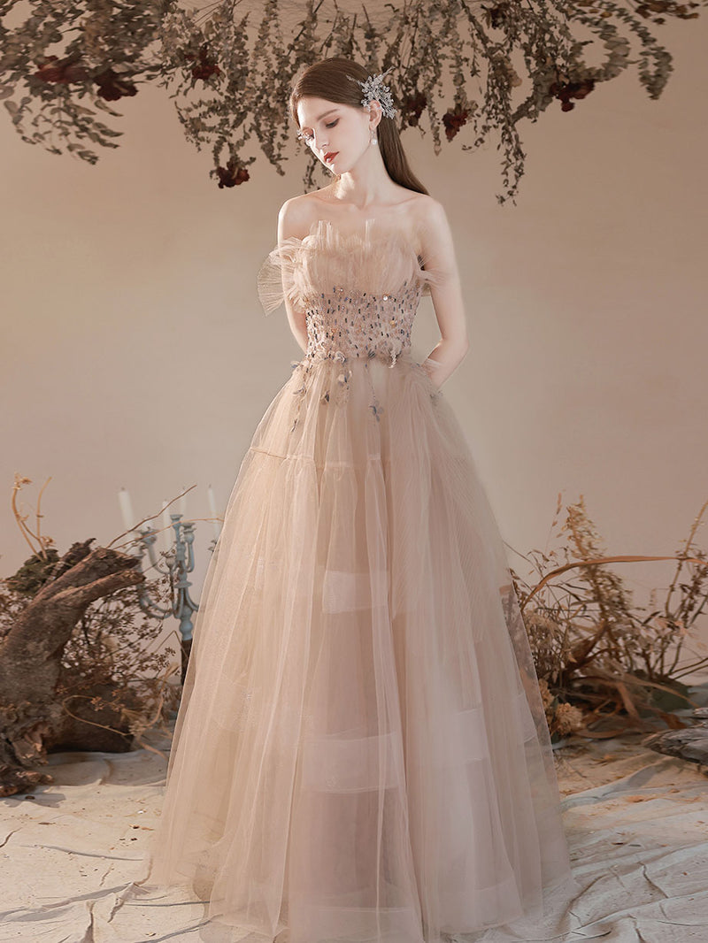 Champagne Tulle Long Prom Dress, Champagne A line Formal Dresses shopluu Champagne Tulle Long Prom Dress, Champagne A line Formal Dresses shopluu
