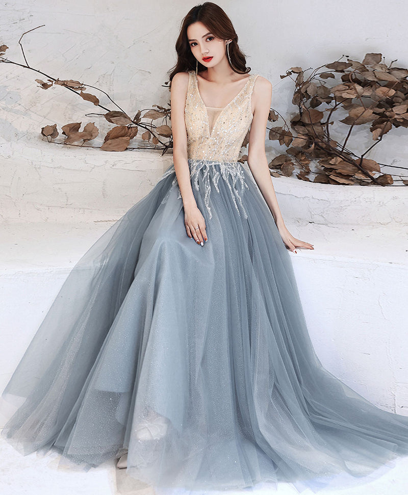 blue grey prom dress Gray Blue Tulle V Neck Sequin Long Prom Dress Blue Formal Evening Dress