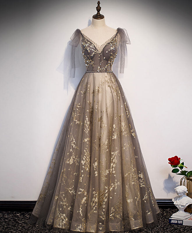 Elegant V Neck Gray Gold Tulle Lace Long Prom Dress Tulle Formal Dress US 14 / Gray Elegant V Neck Gray Gold Tulle Lace Long Prom Dress Tulle Formal Dress US 14 / Gray