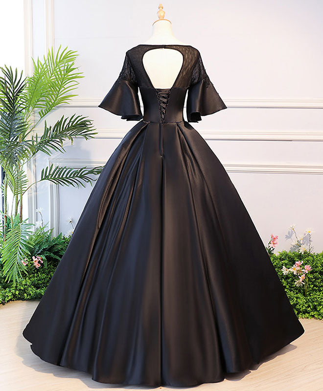 Black Round Neck Satin Lace Long Prom Dress, Sweet 16 Dress shopluu Black Round Neck Satin Lace Long Prom Dress, Sweet 16 Dress shopluu