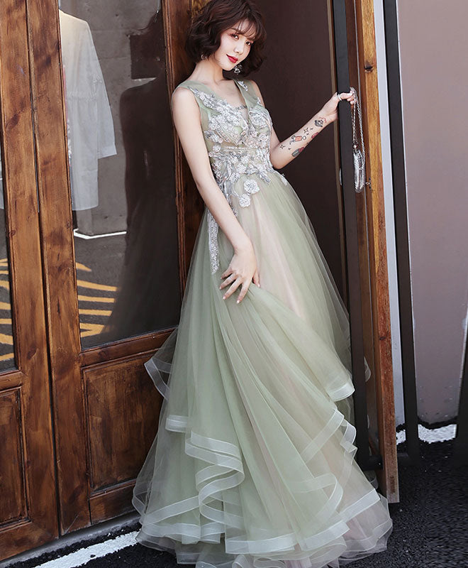 Green V Neck Tulle Lace Long Prom Dress, Green Formal Dress