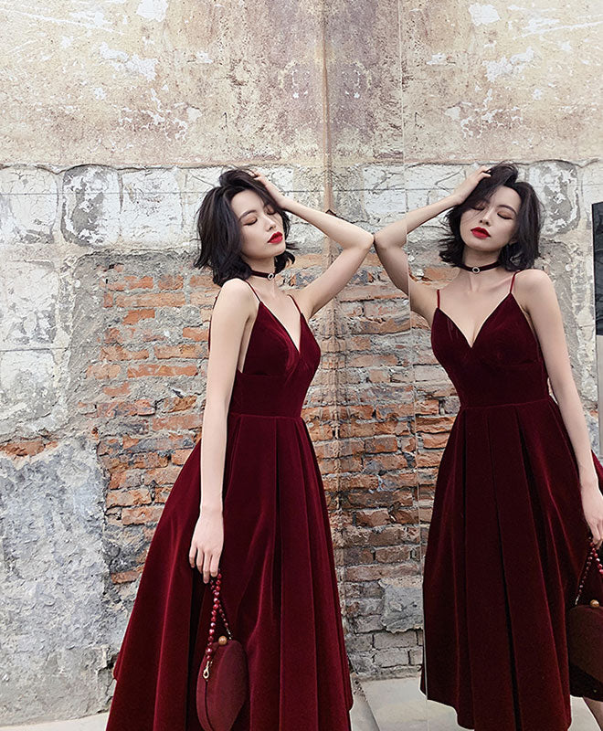 Simple Burgundy Tea Length Prom Dress, Burgundy Bridesmaid Dress – shopluu