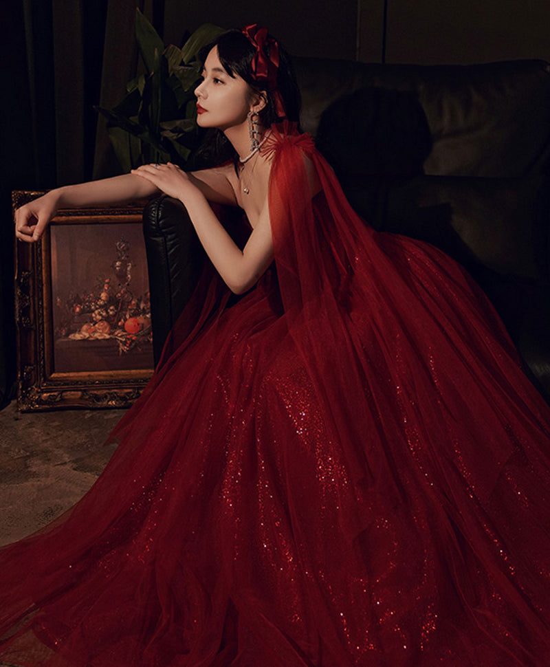 Burgundy Tulle Long Prom Dress, Burgundy Sequin Formal Dress shopluu Burgundy Tulle Long Prom Dress, Burgundy Sequin Formal Dress shopluu