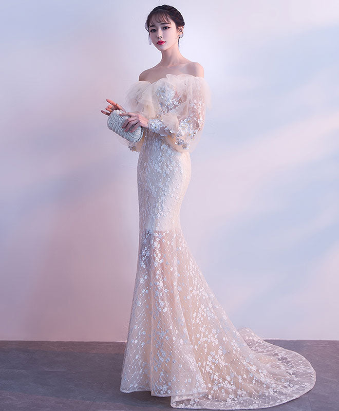 Champagne Tulle Lace Mermaid Long Prom Dress, Tulle Lace Evening Dress