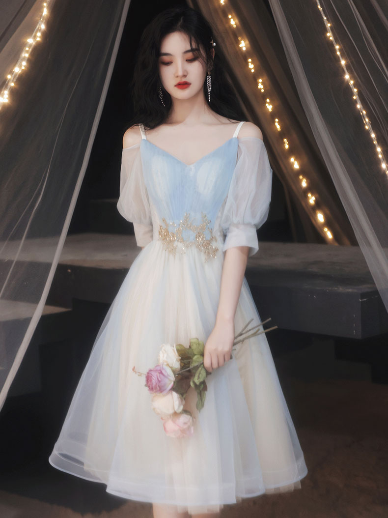 Blue A-line Tulle Lace Short Prom Dress, Blue Homecoming Dress