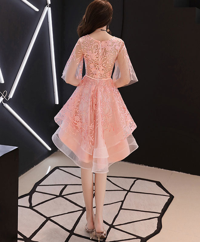 Pink Lace Tulle High Low Prom Dress, Pink Homecoming Dress