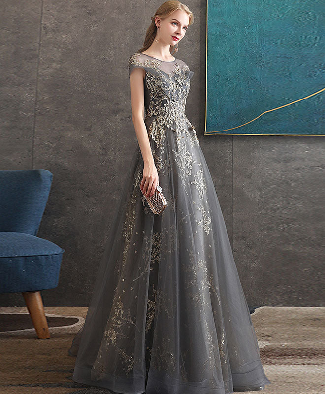 Gray Round Neck Tulle Lace Long Prom Dress Gray Tulle Formal Dress