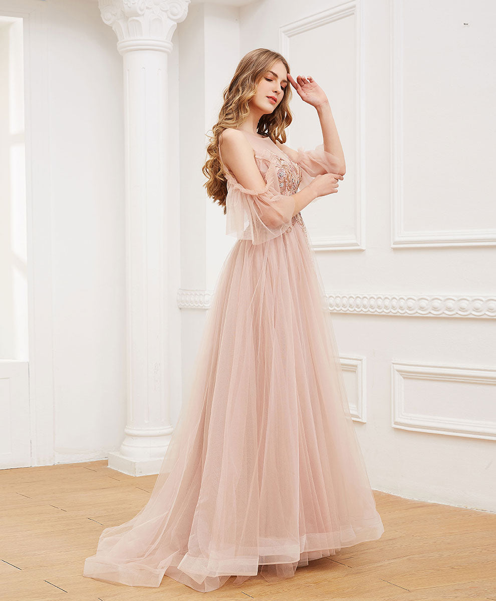 Pink Round Neck Tulle Beads Long Prom Dress Formal Dress