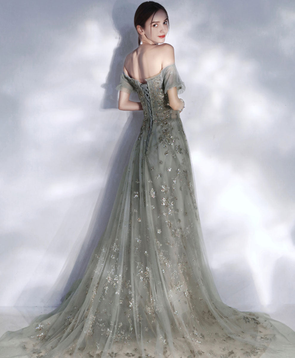 Gray Tulle Sequin Long Prom Dress Tulle Formal Dress