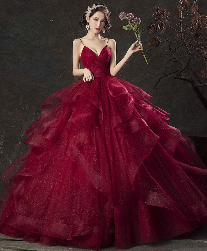 Burgundy V Neck Tulle Long Prom Dress, Burgundy Sweetheart 16 Dress –  shopluu