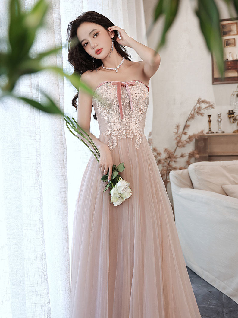 Champagne Tulle Lace Long Prom Dress, Champagne Evening Dress