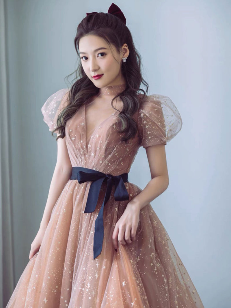 Simple Champagne V Neck Tulle Long Prom Dress, Champagne Evening Dress – shopluu