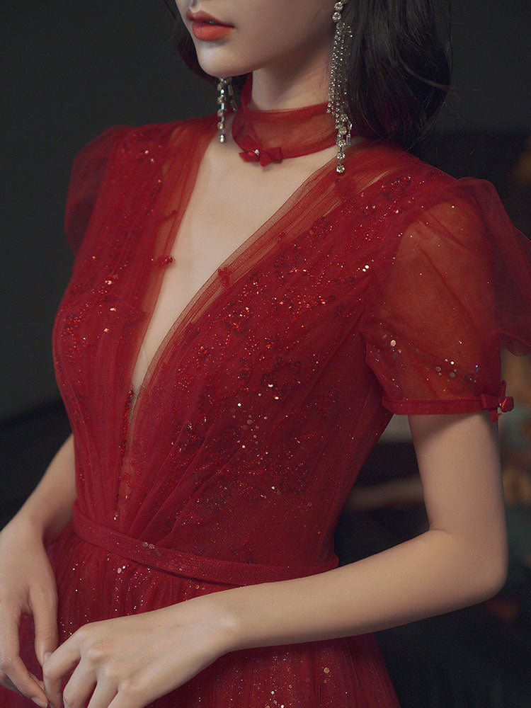 Burgundy Tulle Sequin Long Prom Dress, Burgundy Tulle Formal Dresses