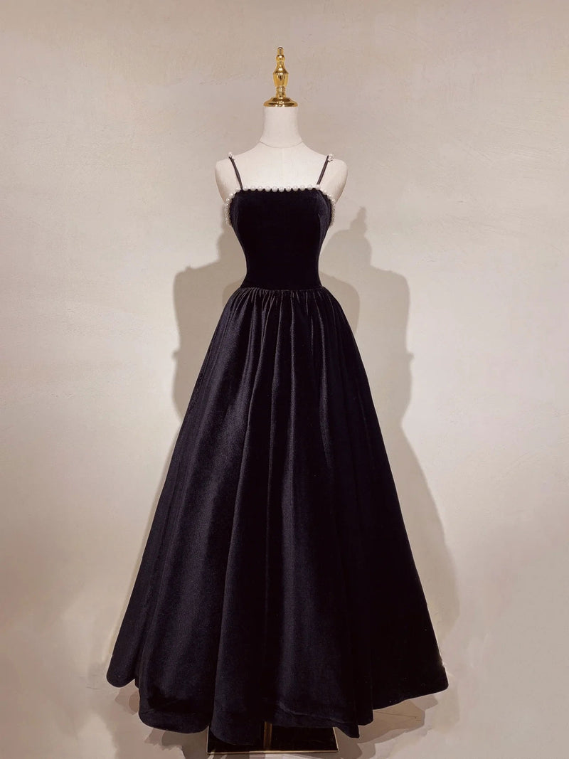 Black Velvet Pearls Long Prom Dresses, Black A-Line Evening Party Dresses US 10 / Custom Color Black Velvet Pearls Long Prom Dresses, Black A-Line Evening Party Dresses US 10 / Custom Color
