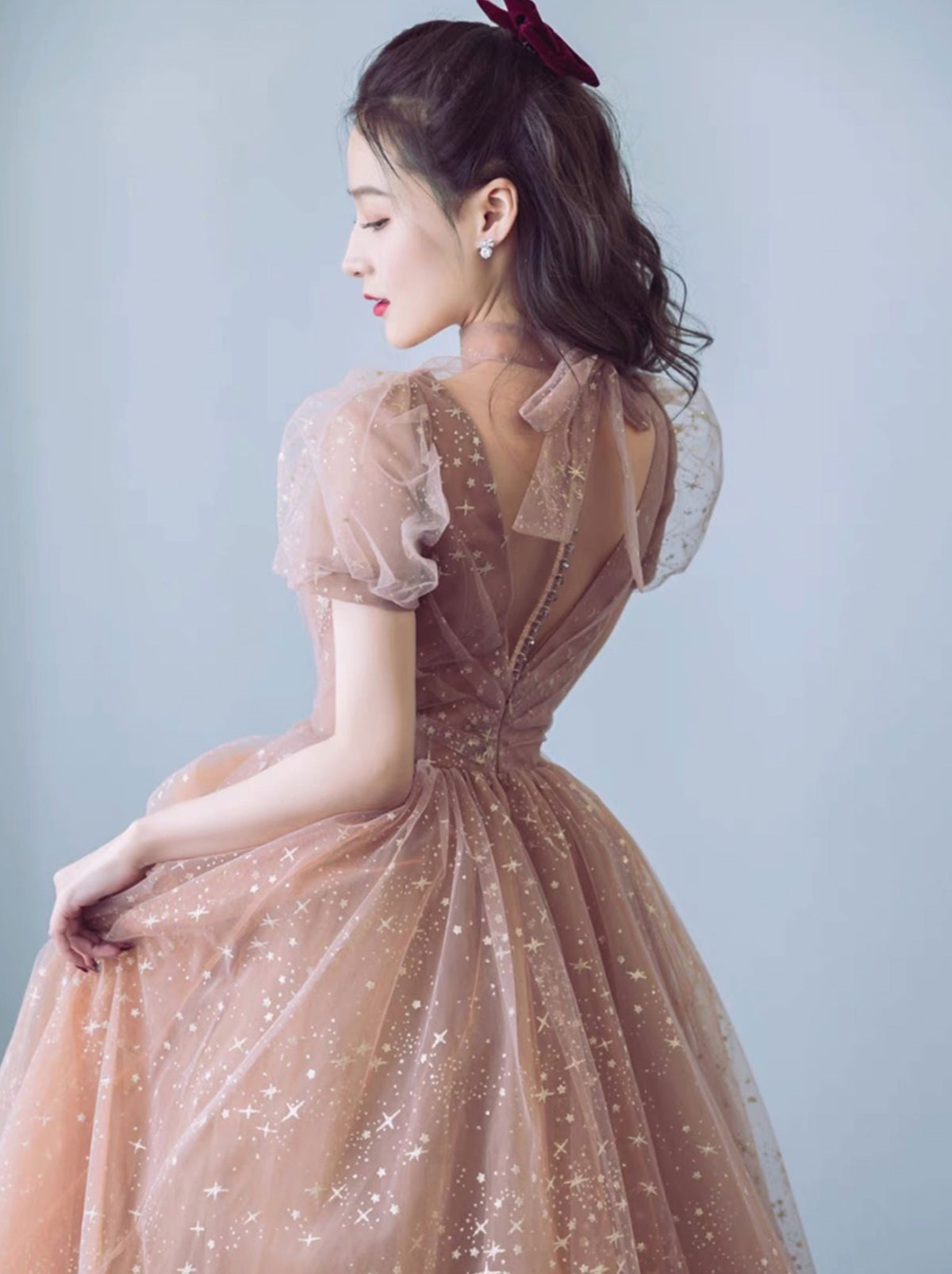 Simple Champagne V Neck Tulle Long Prom Dress, Champagne Evening Dresses