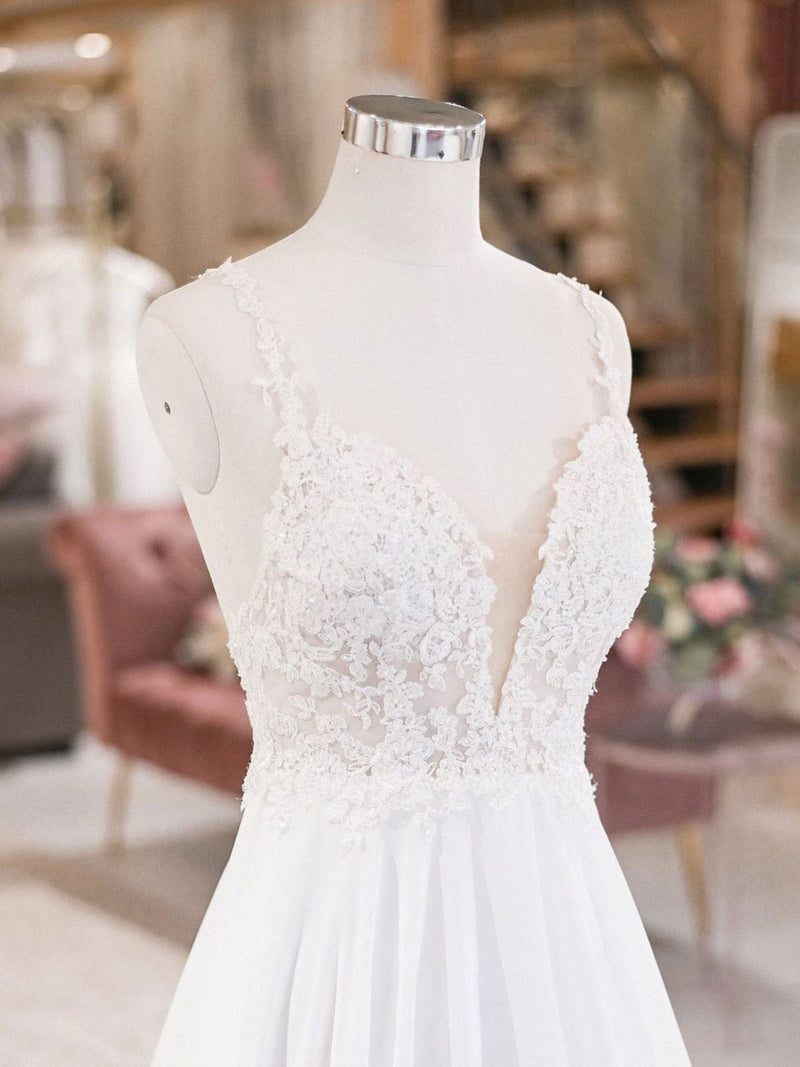 White V Neck Lace Chiffon Long Wedding Dress, Beach Wedding Dress shopluu White V Neck Lace Chiffon Long Wedding Dress, Beach Wedding Dress shopluu