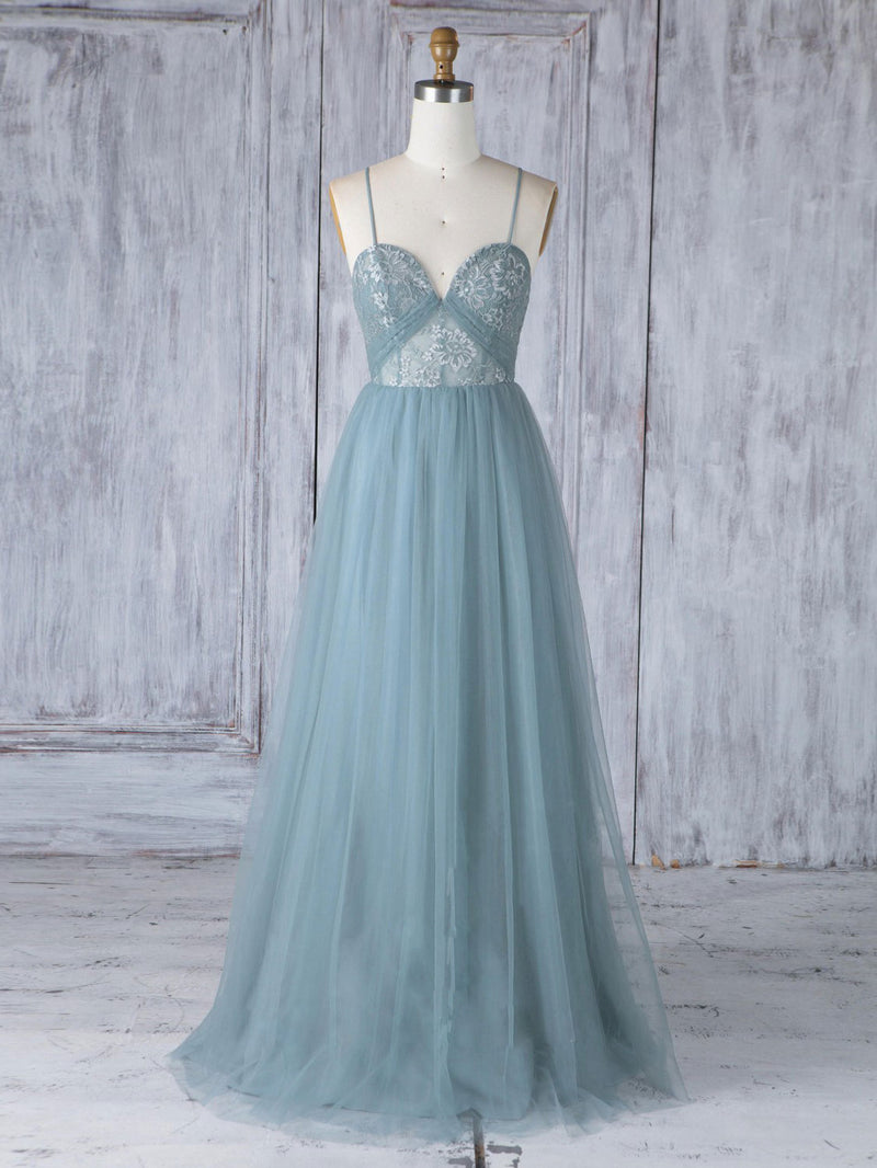 Simple Sweetheart Neck Tulle Lace Long Prom Dresses, Gray Blue Bridesmaid Dresses Custom Size / Custom Color Simple Sweetheart Neck Tulle Lace Long Prom Dresses, Gray Blue Bridesmaid Dresses Custom Size / Custom Color