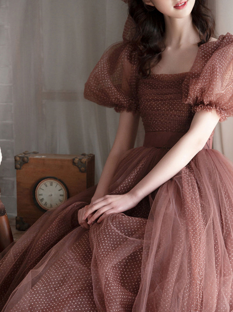 Elegant Retro Brown Tea Length Tulle Prom Dress, Puffy Homecoming Dress US 6 / Brown Elegant Retro Brown Tea Length Tulle Prom Dress, Puffy Homecoming Dress US 6 / Brown