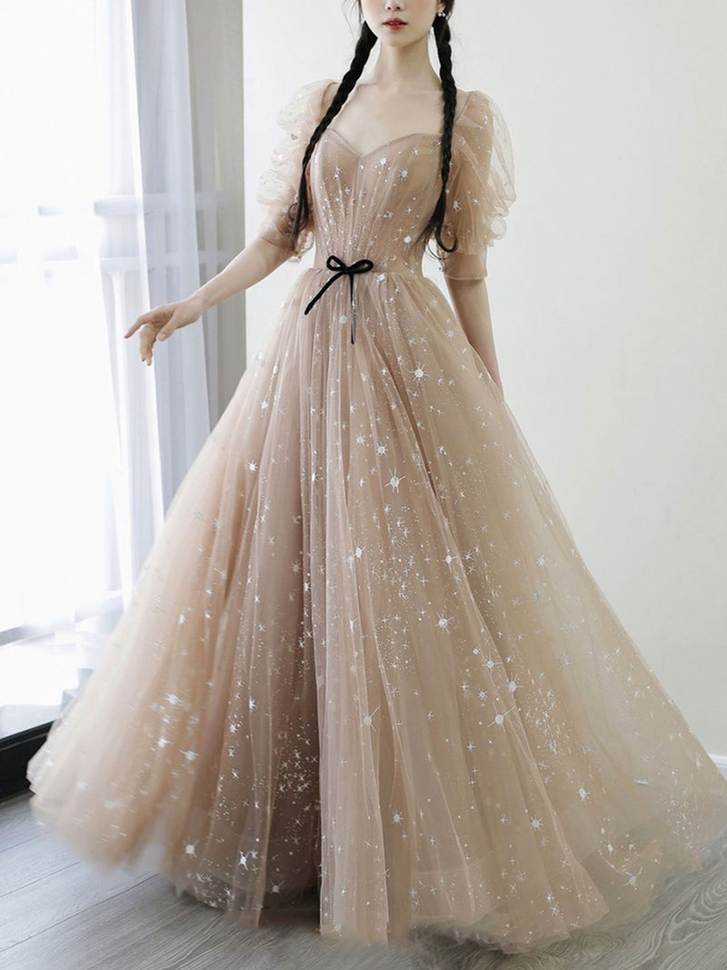 Champagne Tulle Long Prom Dresses, A-Line 1/2 Sleeve Evening Dresses US 12 / Picture Color Champagne Tulle Long Prom Dresses, A-Line 1/2 Sleeve Evening Dresses US 12 / Picture Color