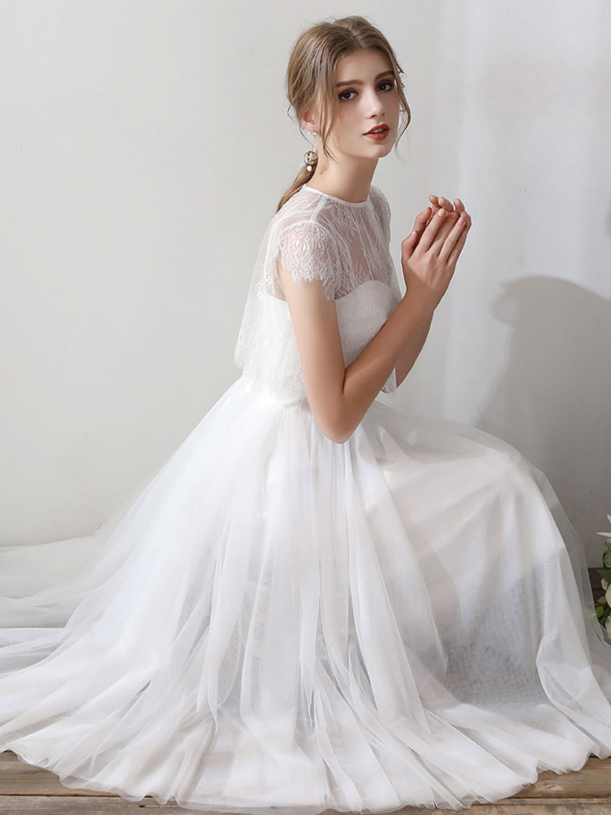 White Lace Short Bridesmaid Dress, Two Pieces Wedding Party Dresses