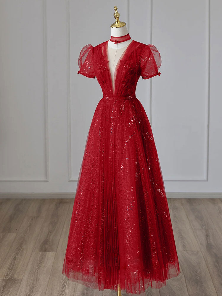 Burgundy Tulle Sequin Long Prom Dress, Burgundy Tulle Formal Dresses