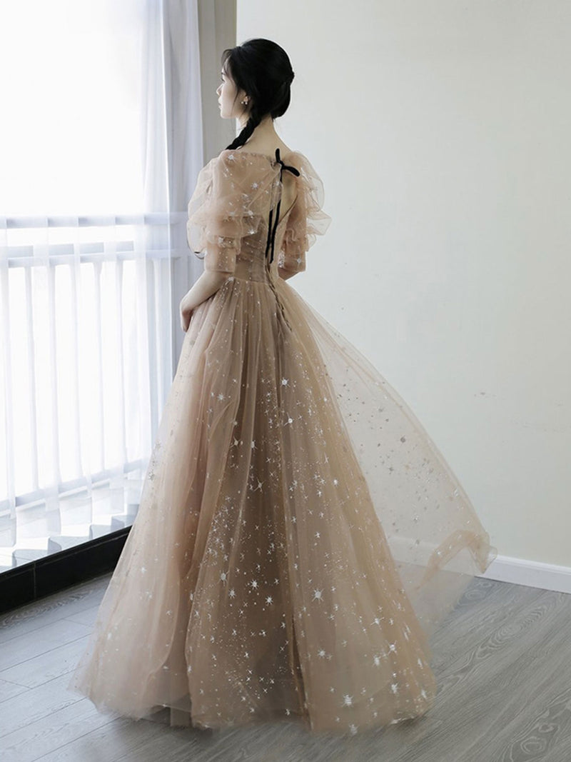 Champagne Tulle Long Prom Dresses, A-Line 1/2 Sleeve Evening Dresses US 12 / Picture Color Champagne Tulle Long Prom Dresses, A-Line 1/2 Sleeve Evening Dresses US 12 / Picture Color