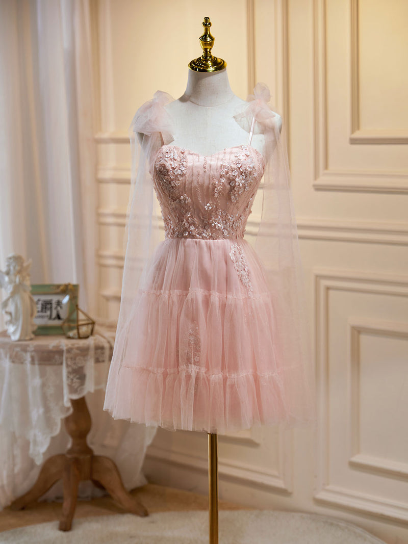 A Line Sweetheart Neck Pink Short Prom Dresses, Formal Puffy Pink Homecoming Dress with Lace Applique Beading A Line Sweetheart Neck Pink Short Prom Dresses, Formal Puffy Pink Homecoming Dress with Lace Applique Beading