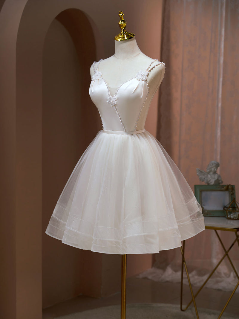 A Line v neck tulle Short Beige Prom Dresses, Cute Puffy Beige Homecom – shopluu