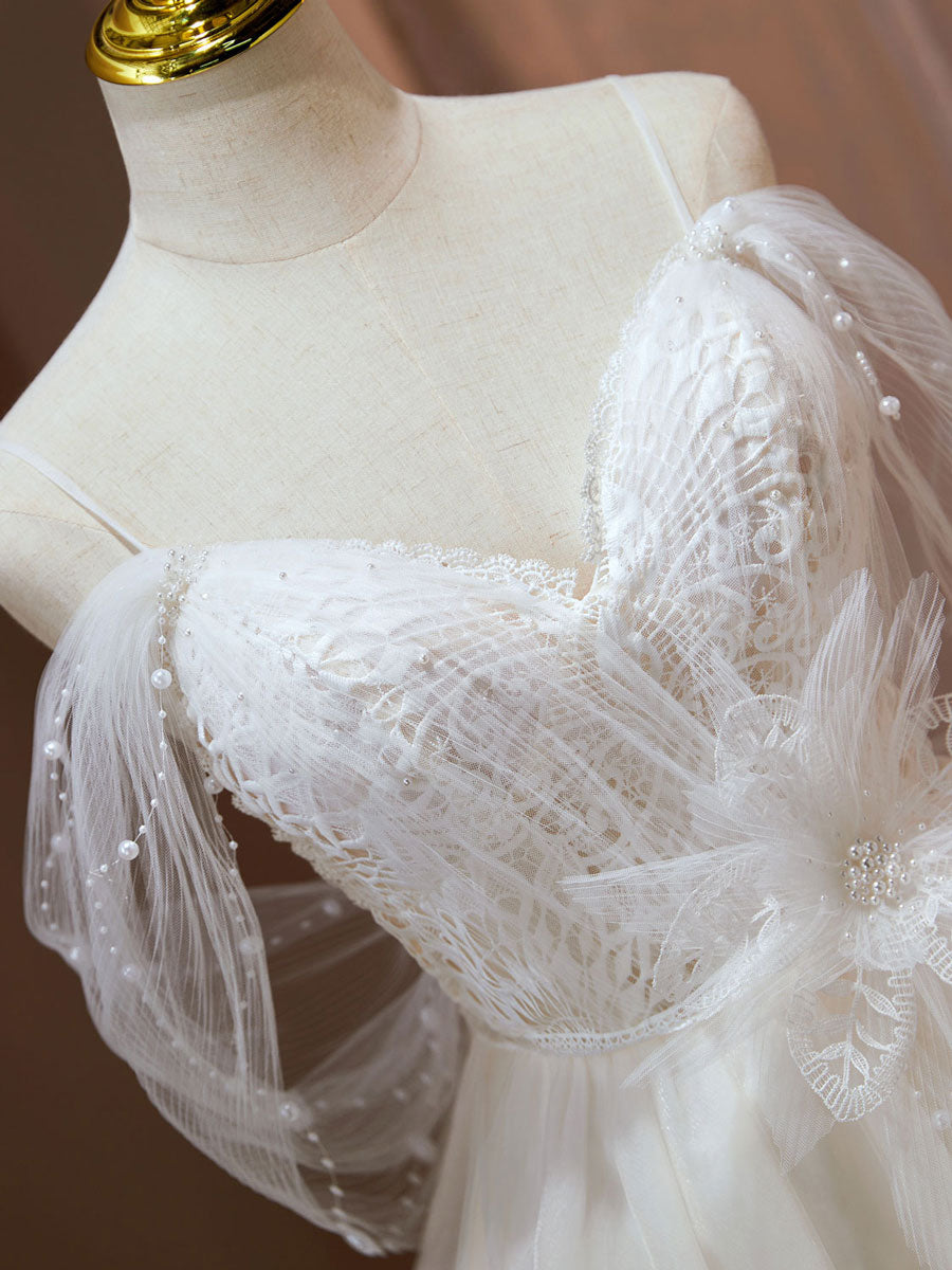 A Line Sweetheart Neck Tulle Lace Beige Short Prom Dress, Puffy Cute Homecoming Dress