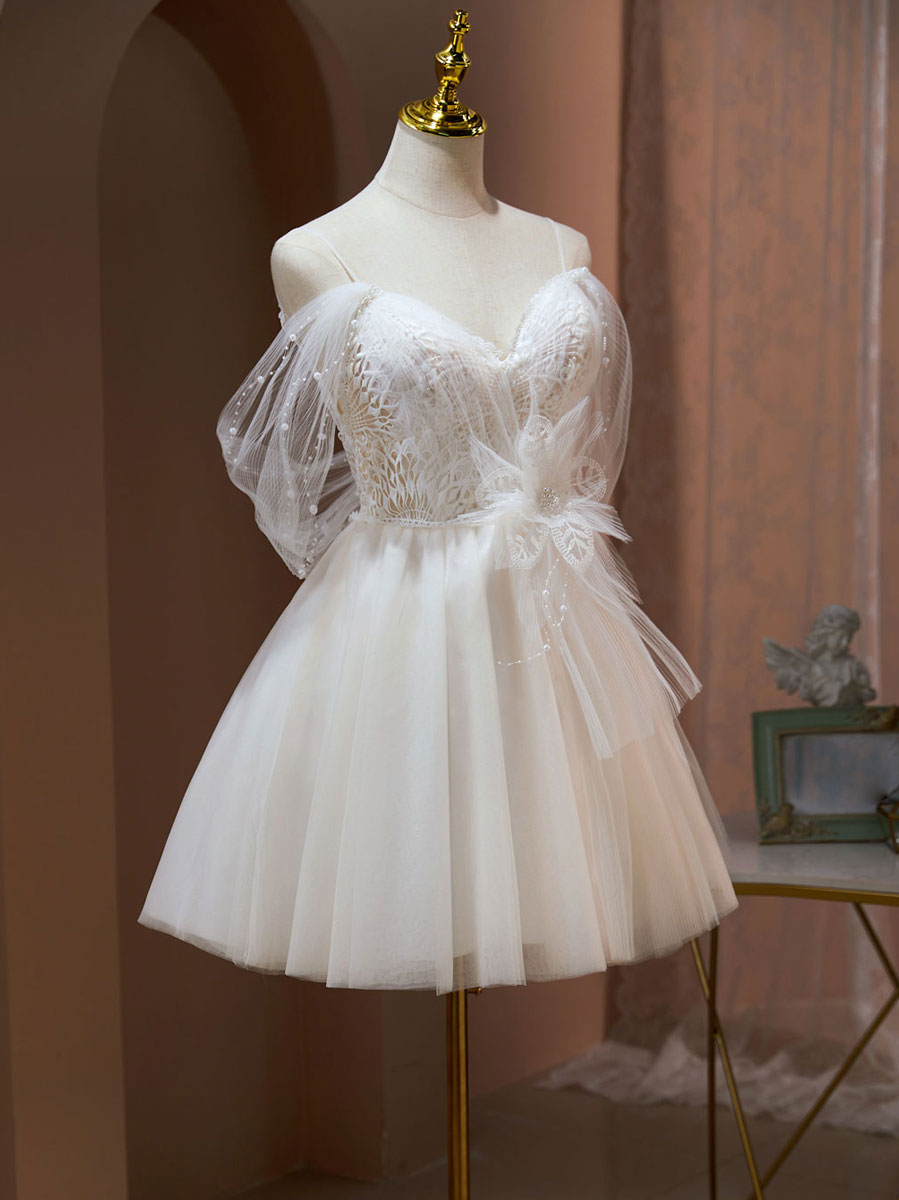 A Line Sweetheart Neck Tulle Lace Beige Short Prom Dress, Puffy Cute Homecoming Dress